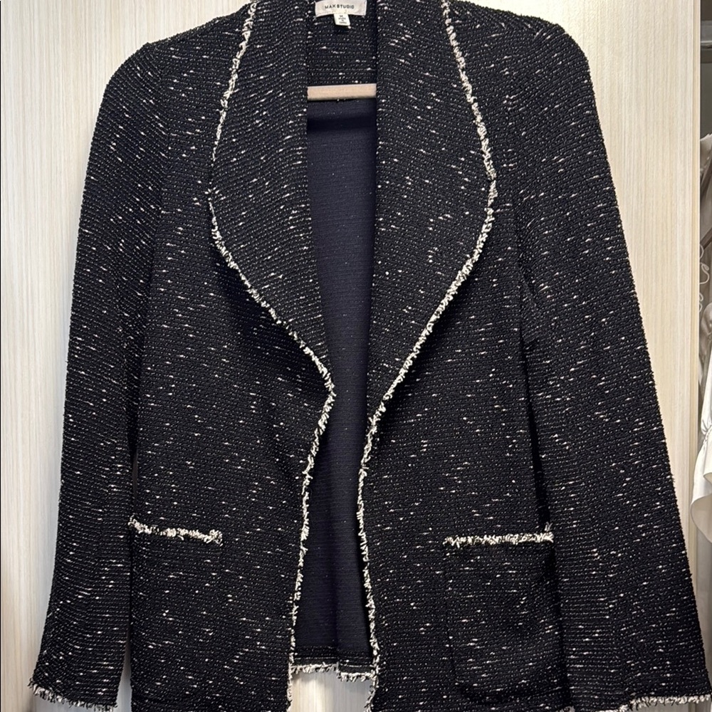 Max Studio Black Tweed Open-Front Jacket with Contrast Trim